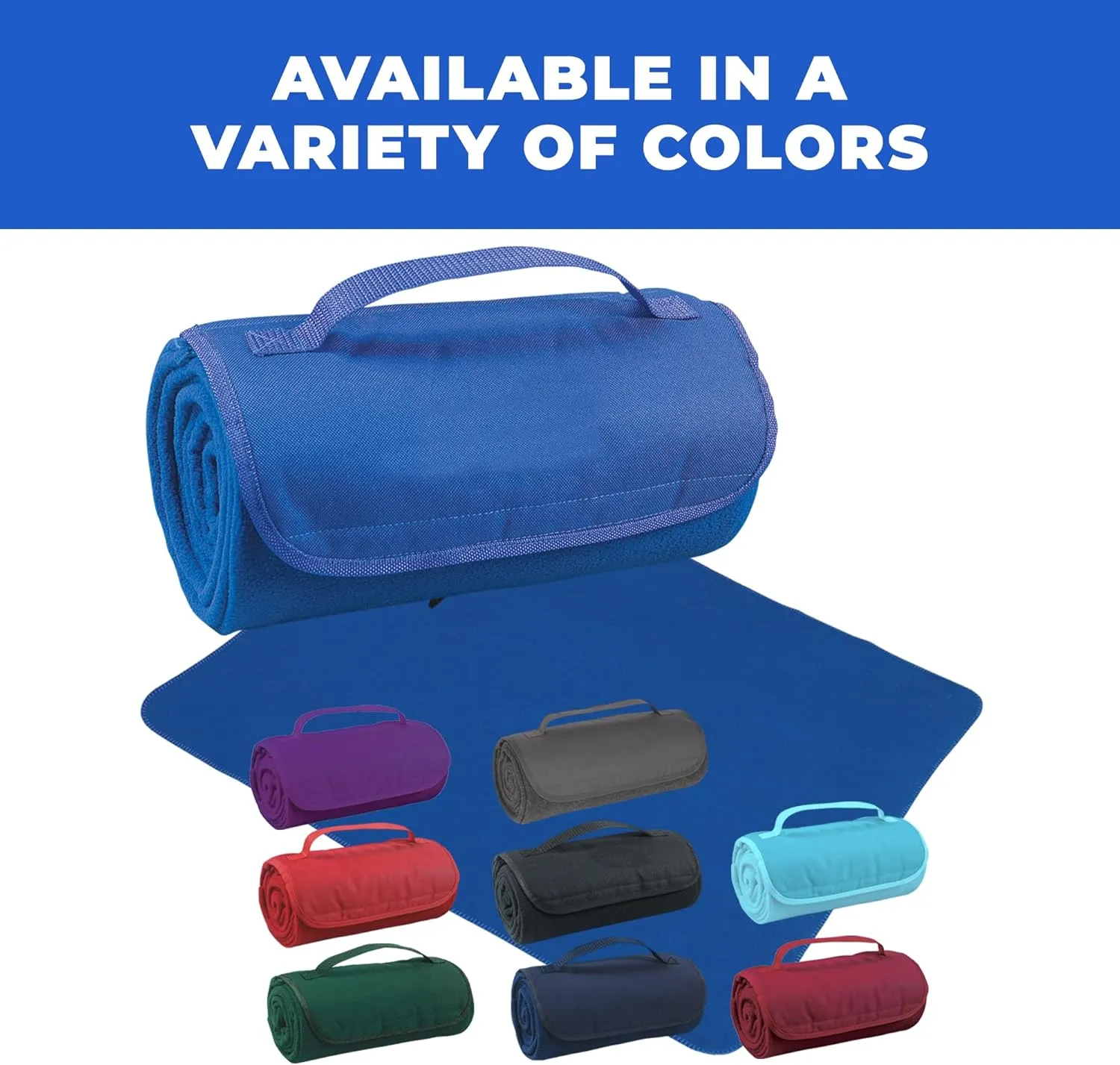 25 Ct of Roll-Up Blankets for Camping, Travel, Outdoors, Beach, Picnics – Royal Blue – Hook   Loop Closure for Easy Use in Cars & on Airplanes – Customizable for Promotions & Events