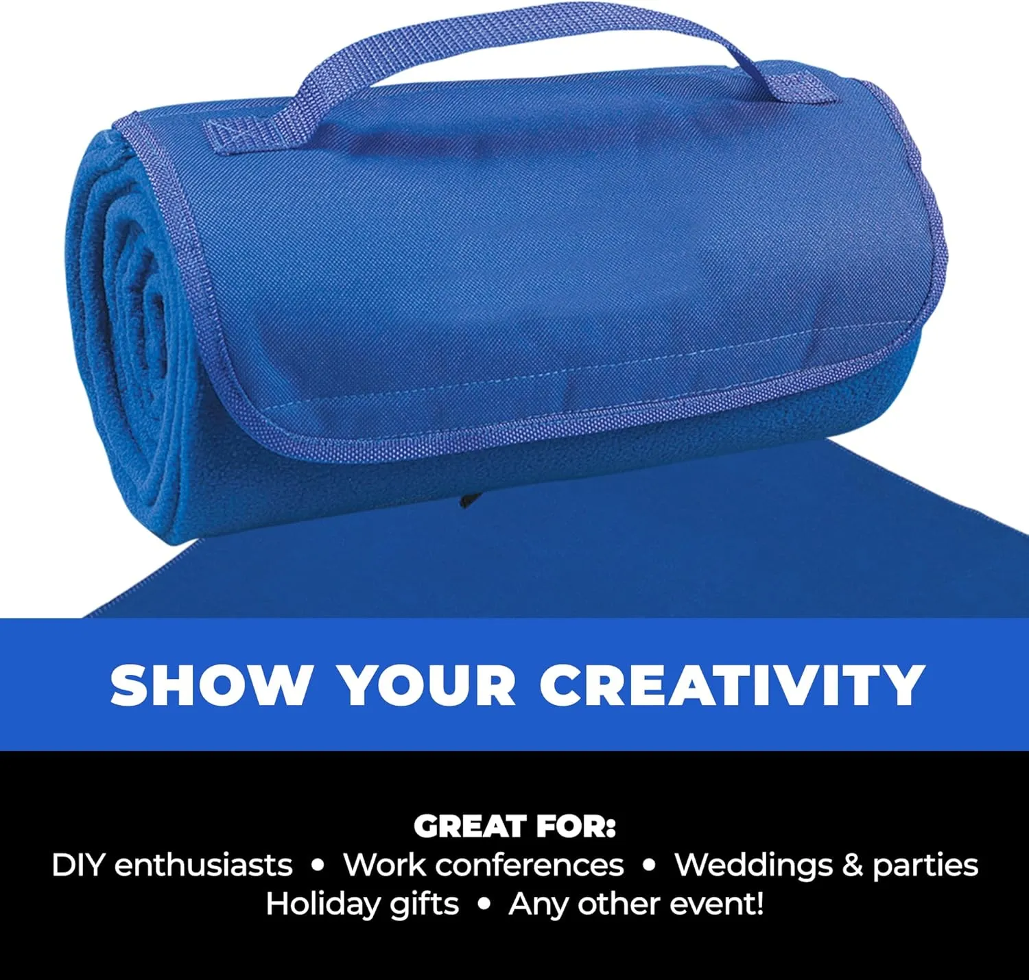25 Ct of Roll-Up Blankets for Camping, Travel, Outdoors, Beach, Picnics – Royal Blue – Hook   Loop Closure for Easy Use in Cars & on Airplanes – Customizable for Promotions & Events