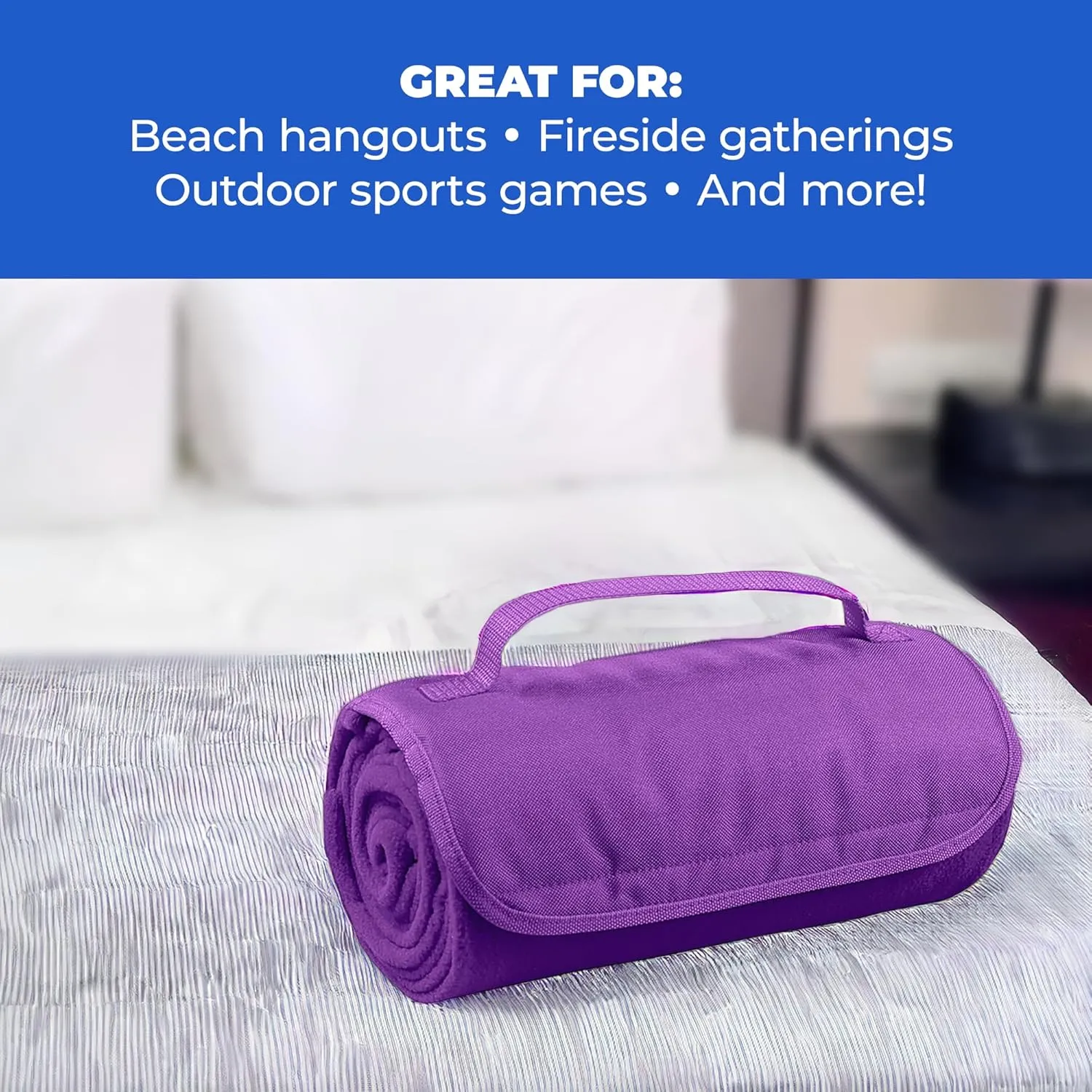 25 Ct of Roll-Up Blankets for Camping, Travel, Outdoors, Beach, Picnics – Royal Blue – Hook   Loop Closure for Easy Use in Cars & on Airplanes – Customizable for Promotions & Events