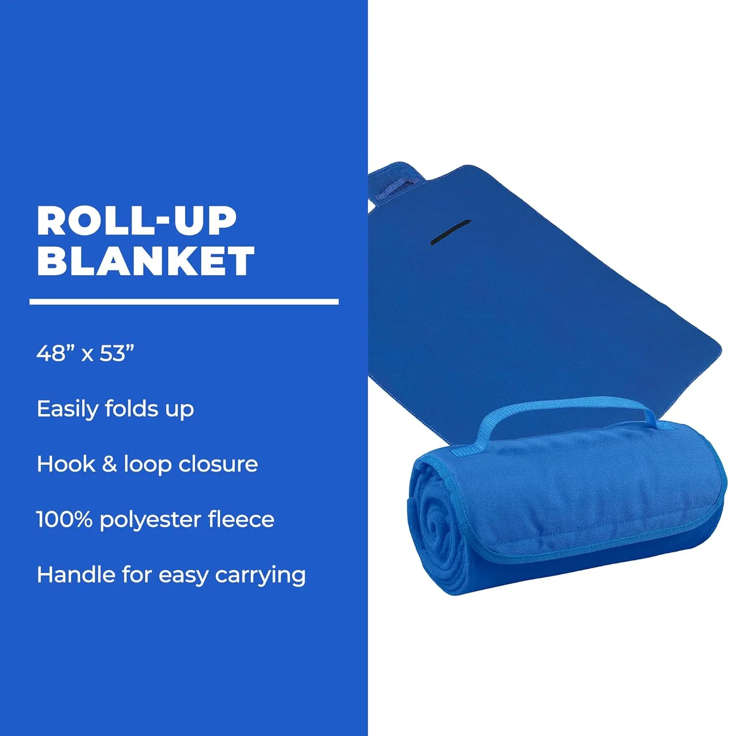 25 Ct of Roll-Up Blankets for Camping, Travel, Outdoors, Beach, Picnics – Royal Blue – Hook   Loop Closure for Easy Use in Cars & on Airplanes – Customizable for Promotions & Events