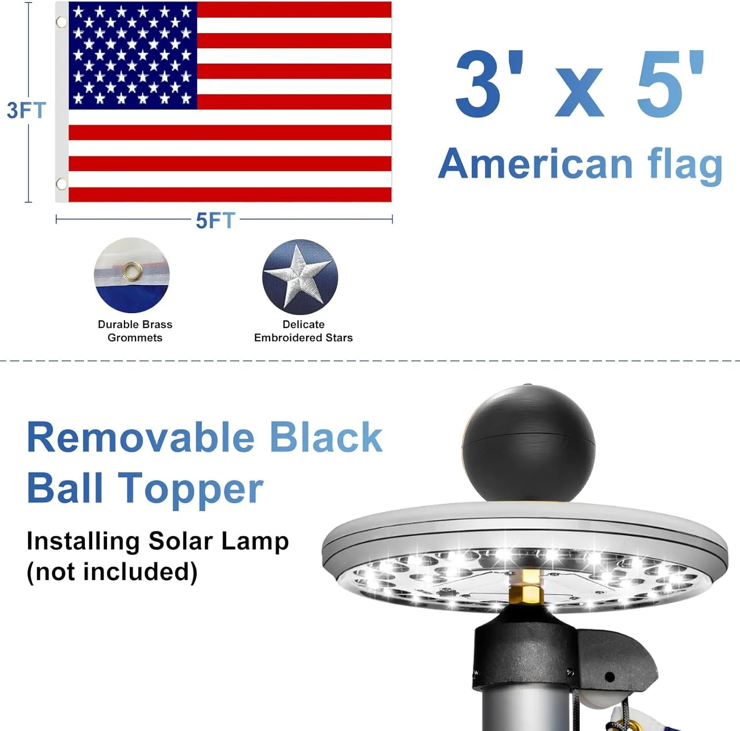 25FT Sectional Flag Pole Kit, Extra Thick Heavy Duty Aluminum Flagpoles for Outside House Inground with 3'*5' American Flag and Black Ball Topper for Residential or Commercial Use, Black