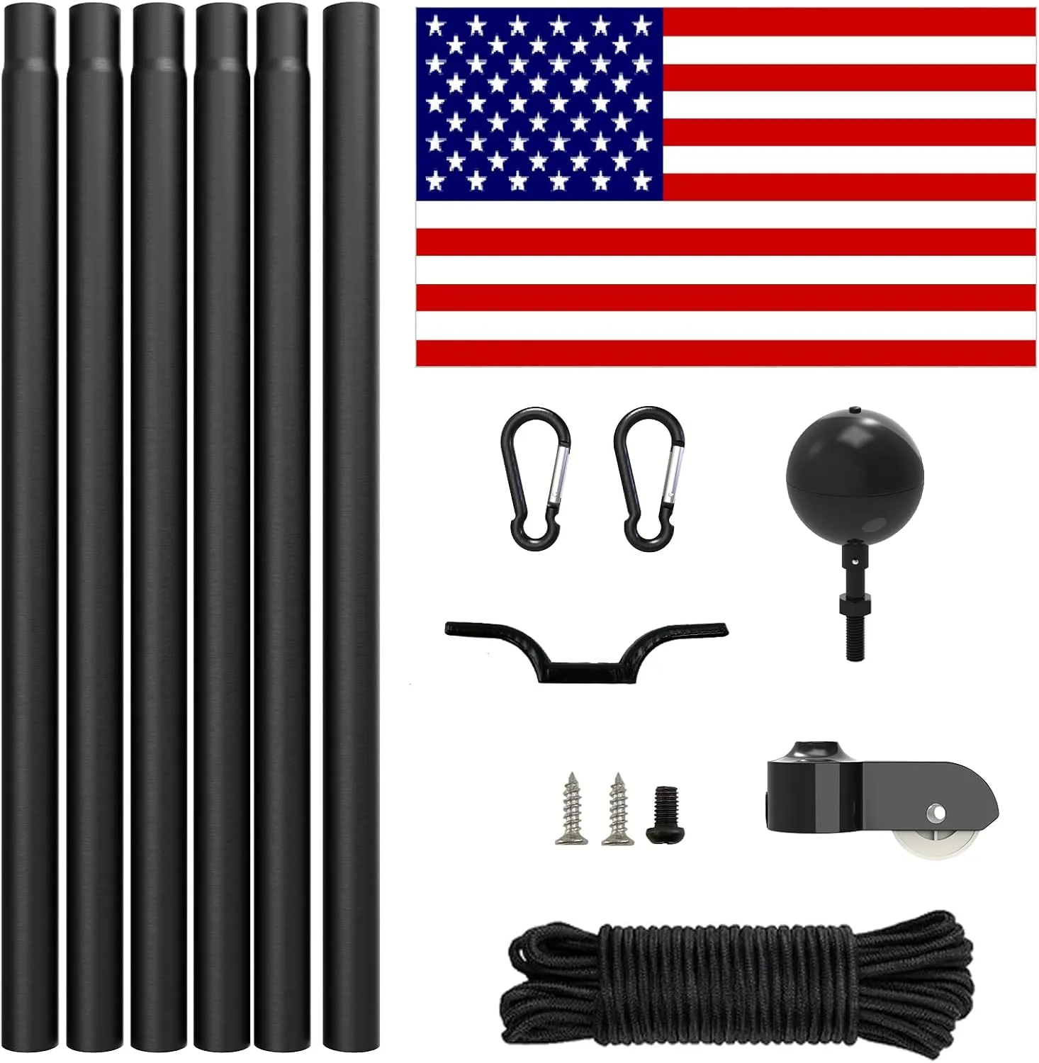 25FT Sectional Flag Pole Kit, Extra Thick Heavy Duty Aluminum Flagpoles for Outside House Inground with 3'*5' American Flag and Black Ball Topper for Residential or Commercial Use, Black