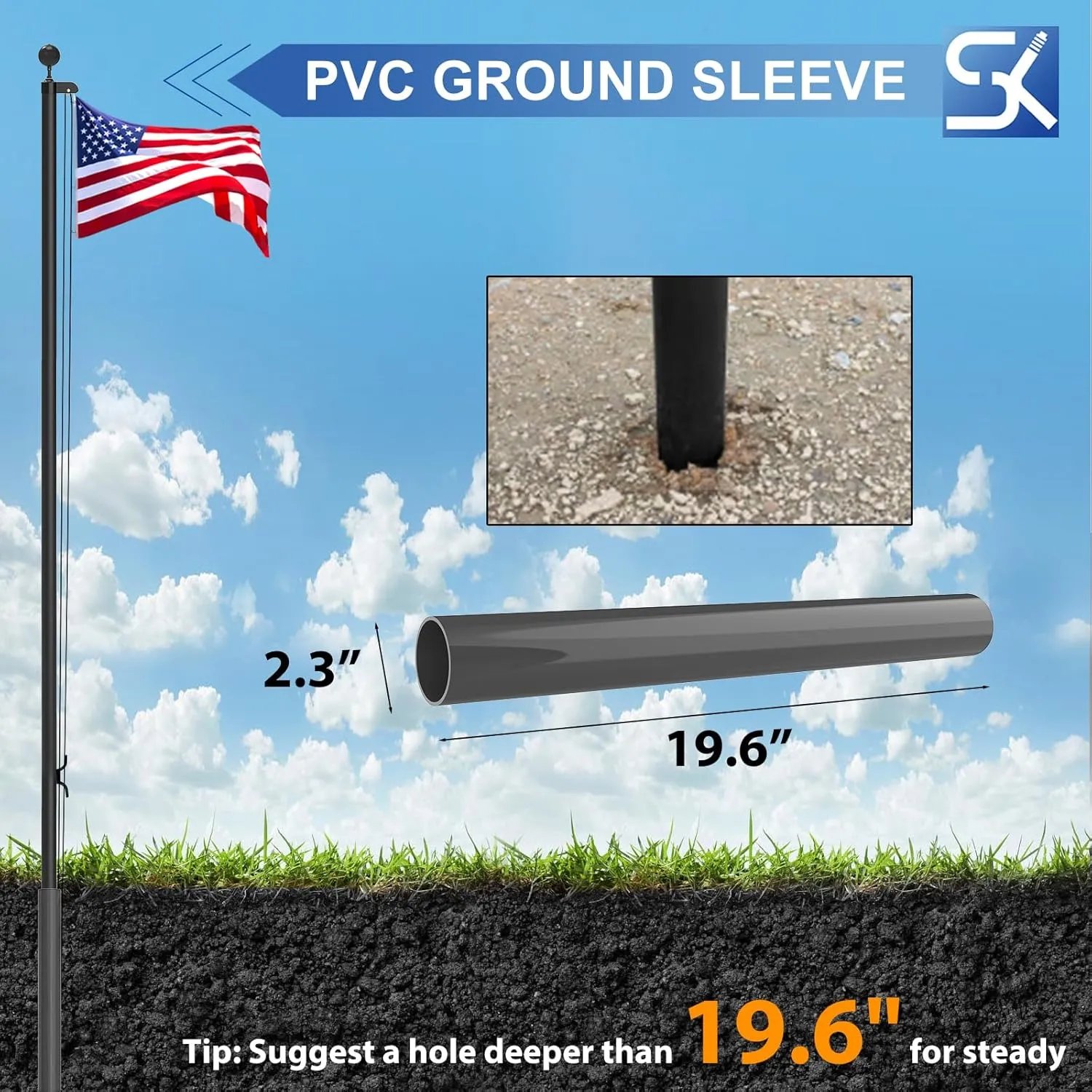 25FT Sectional Flag Pole Kit, Extra Thick Heavy Duty Aluminum Flagpoles for Outside House Inground with 3'*5' American Flag and Black Ball Topper for Residential or Commercial Use, Black