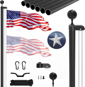 25FT Sectional Flag Pole Kit, Extra Thick Heavy Duty Aluminum Flagpoles for Outside House Inground with 3'*5' American Flag and Black Ball Topper for Residential or Commercial Use, Black
