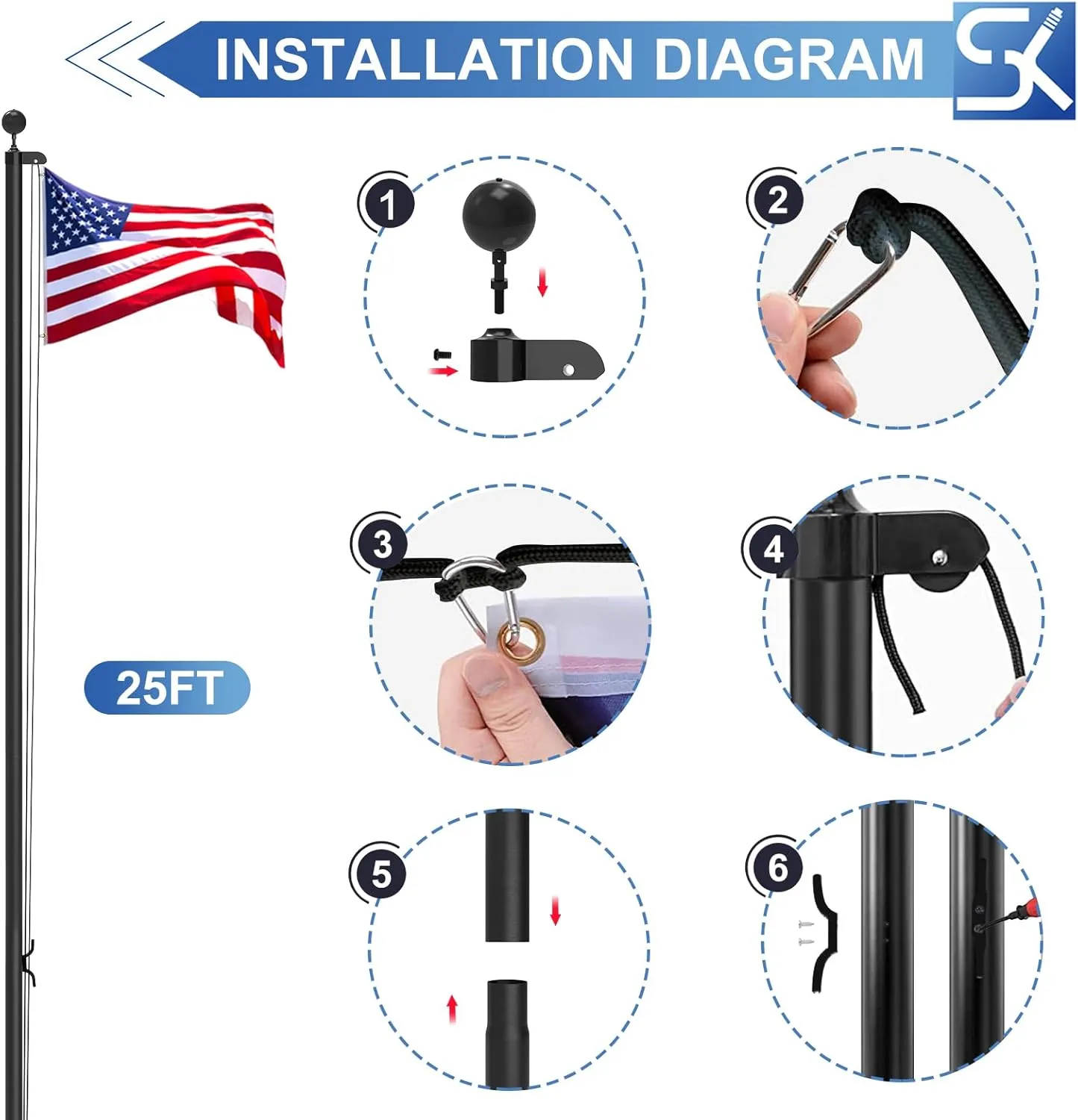 25FT Sectional Flag Pole Kit, Extra Thick Heavy Duty Aluminum Flagpoles for Outside House Inground with 3'*5' American Flag and Black Ball Topper for Residential or Commercial Use, Black