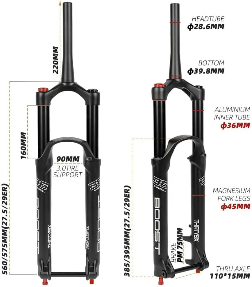 27.5/29 Mountain Bike Suspension Fork Travel 160mm Double Air Bike Fork Boost 110 * 15mm Thru Axle 1-1/2'' Tapered Fork Rebound Adjustable Manual Lockout(Black,27.5'')