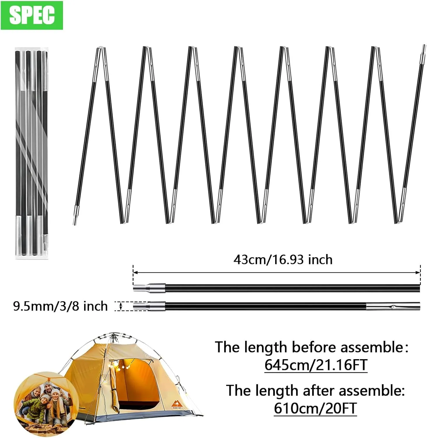 2PCSX20Feet Length，Tent Pole,Kids Tent Replacement Poles for Kids Tent ， 9.5mm ，Hiking and Camping Tarp，Suitable for All Kinds of Outdoor Camping Tent；15 Poles Included； (2PCSX20Feet Length)