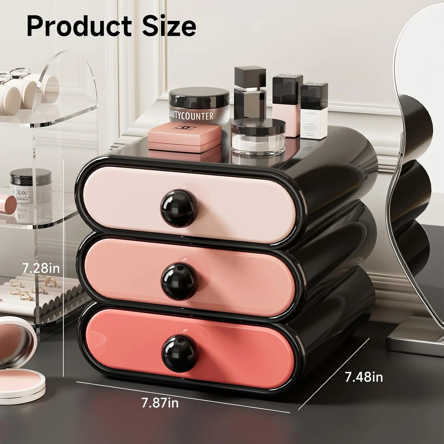 3-Drawer Storage Organizer, Compact Vanity Drawer Organizer Set for Makeup, Small Plastic Storage Box for Bathroom, Dorm, Desk, Office, 7.87"X7.48"X7.28"