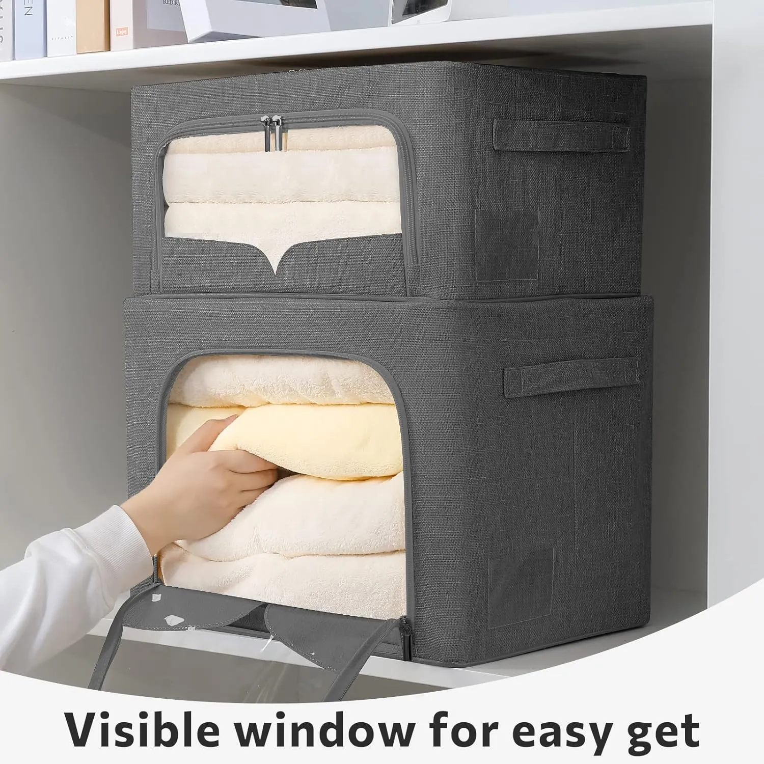 3 Pack Clothes Storage Bins Foldable Metal Frame Storage Box Stackable Linen Fabric Organizer Set with Carrying Handles and Clear Window (Dark Gray, 15.7x11.8x7.8inch(22L))