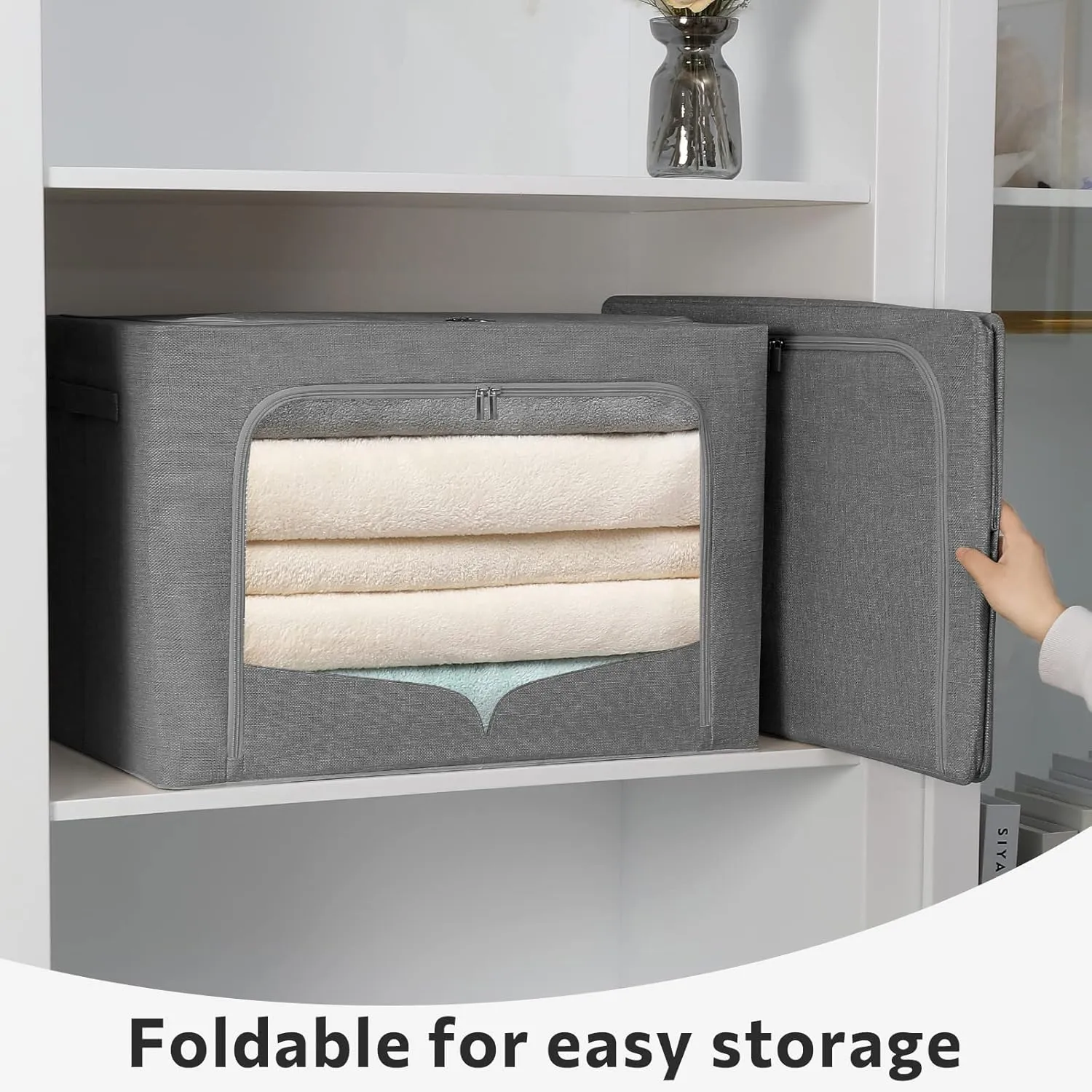 3 Pack Clothes Storage Bins Foldable Metal Frame Storage Box Stackable Linen Fabric Organizer Set with Carrying Handles and Clear Window (Dark Gray, 15.7x11.8x7.8inch(22L))