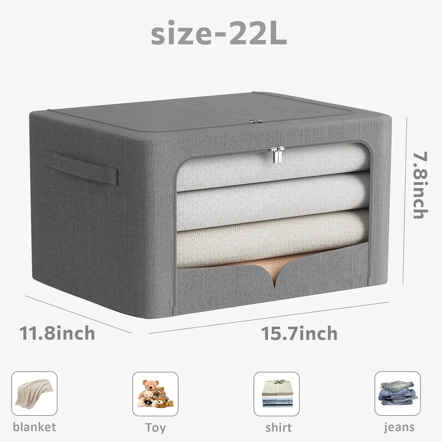 3 Pack Clothes Storage Bins Foldable Metal Frame Storage Box Stackable Linen Fabric Organizer Set with Carrying Handles and Clear Window (Dark Gray, 15.7x11.8x7.8inch(22L))