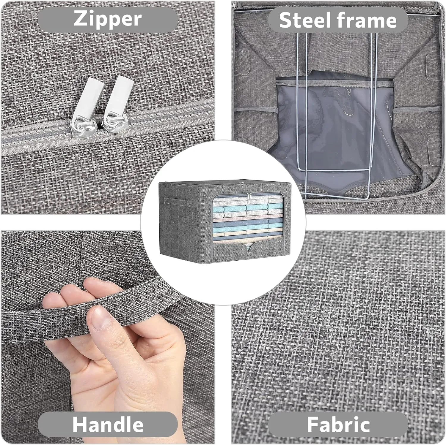 3 Pack Clothes Storage Bins Foldable Metal Frame Storage Box Stackable Linen Fabric Organizer Set with Carrying Handles and Clear Window (Dark Gray, 15.7x11.8x7.8inch(22L))