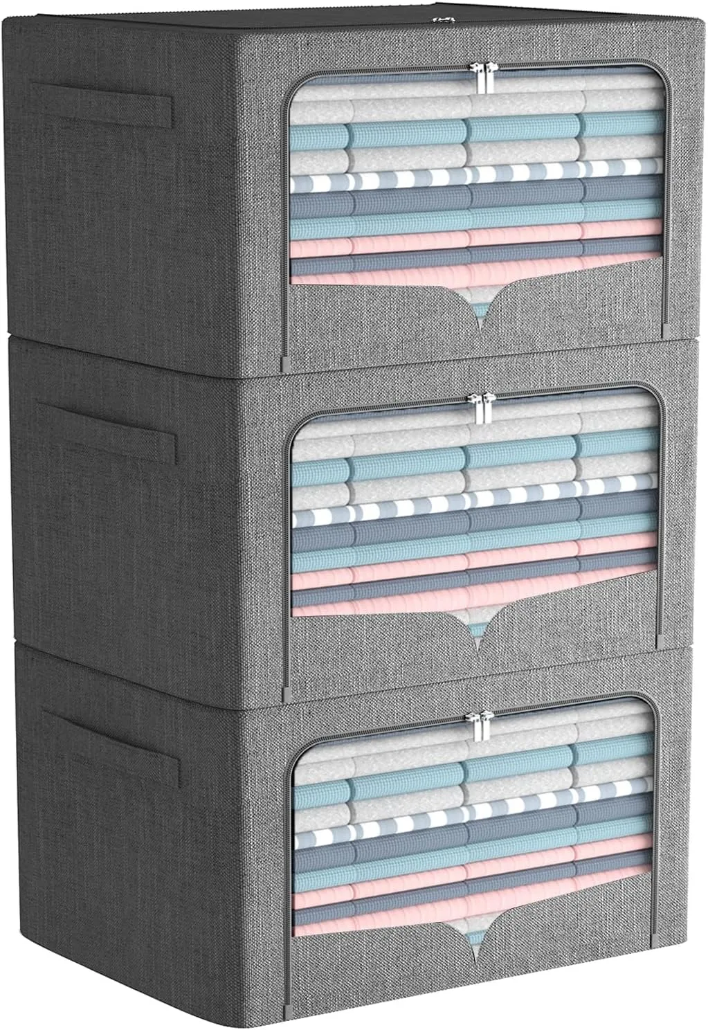 3 Pack Clothes Storage Bins Foldable Metal Frame Storage Box Stackable Linen Fabric Organizer Set with Carrying Handles and Clear Window (Dark Gray, 15.7x11.8x7.8inch(22L))