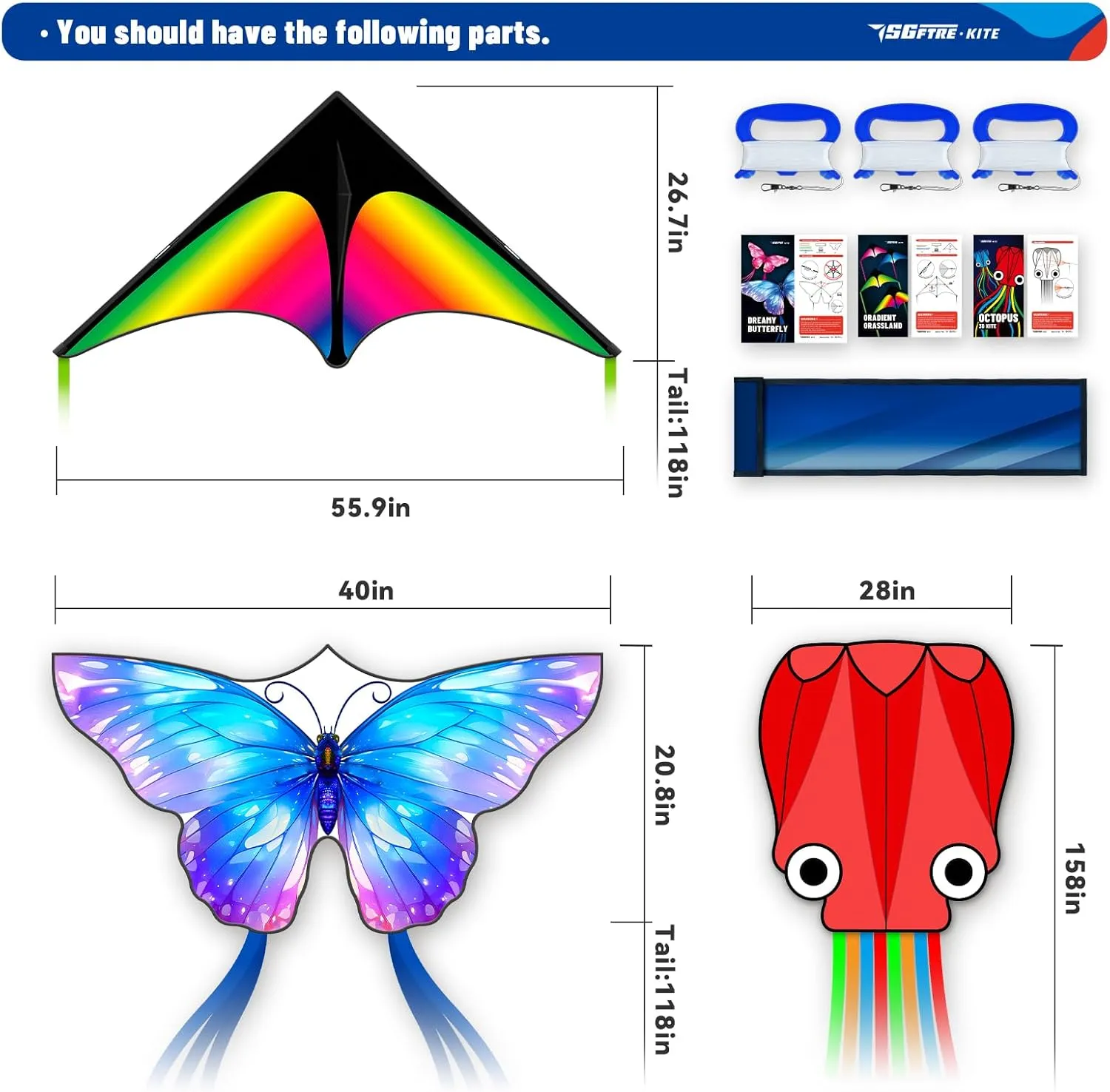 3 Piece Set Butterfly Delta Octopus Kites for Kids and Adults，Easy to Fly for Outdoor Adults Children Line Kite for Kids Toy (Gradient Grassland Rainbow Octopus Red Blue Dreamy Butterfly, 3)