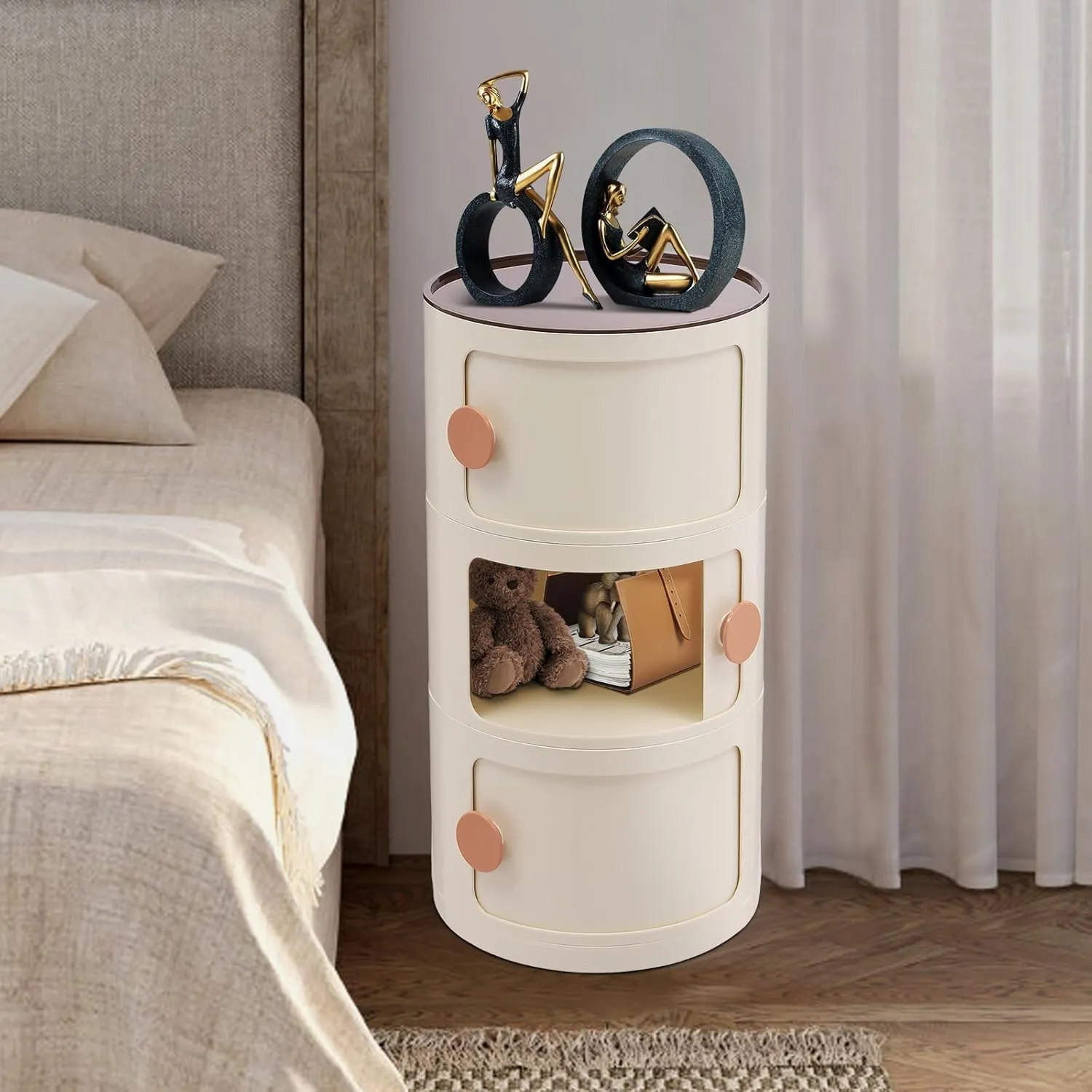 3 Tier Rounded Cabinet, Round Nightstand Detachable End Table with Storage Lightweight Side Table, Round End Table with Storage for Living Room Bedroom Bathroom Kitchen (Beige)