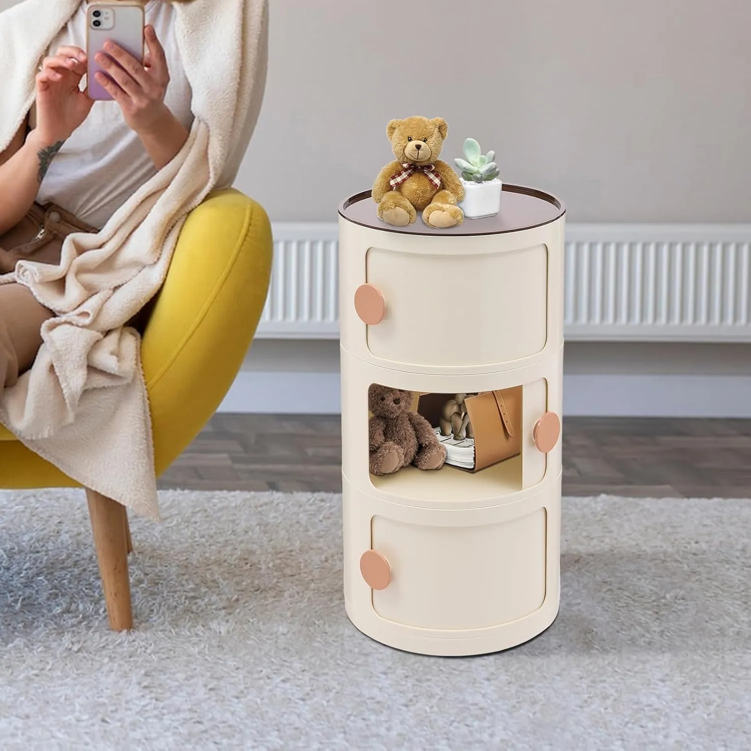 3 Tier Rounded Cabinet, Round Nightstand Detachable End Table with Storage Lightweight Side Table, Round End Table with Storage for Living Room Bedroom Bathroom Kitchen (Beige)