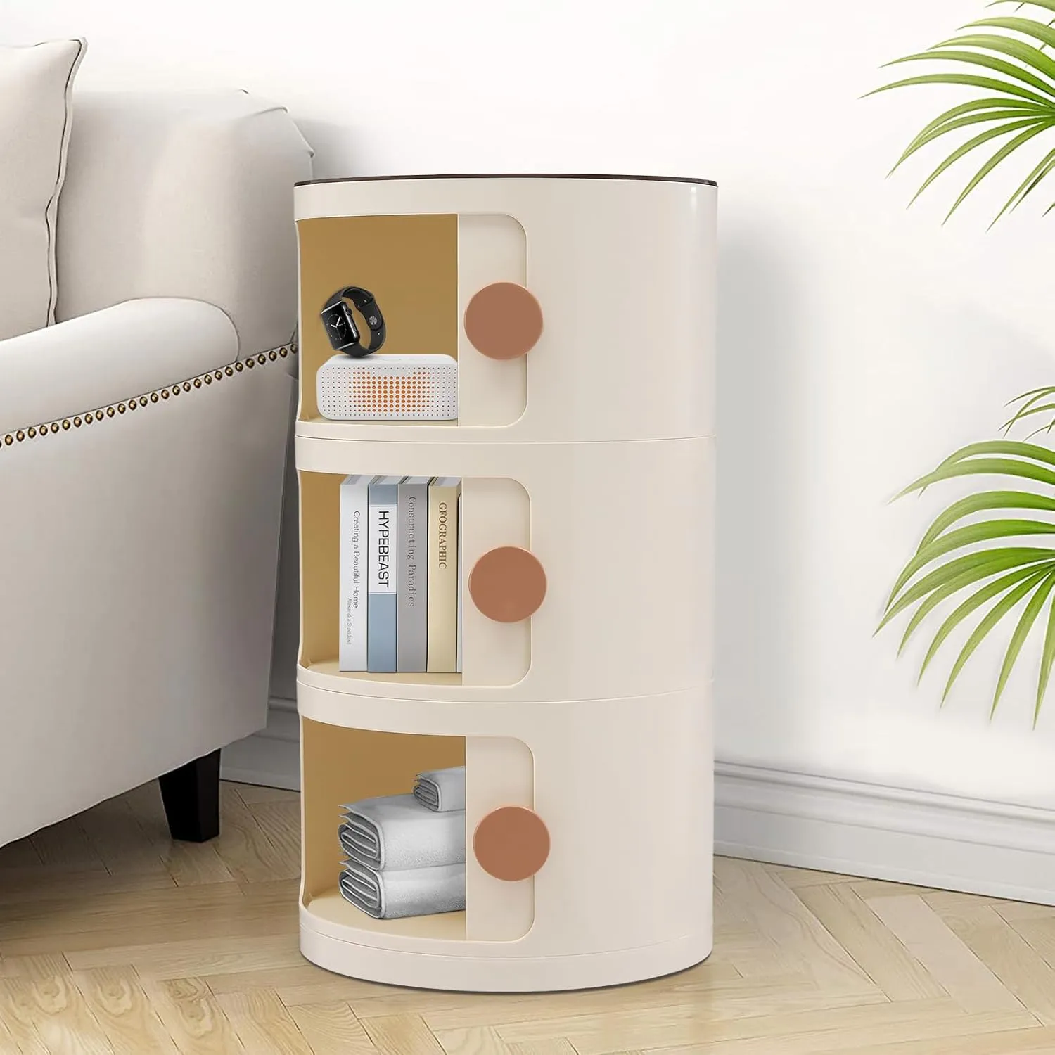 3 Tier Rounded Cabinet, Round Nightstand Detachable End Table with Storage Lightweight Side Table, Round End Table with Storage for Living Room Bedroom Bathroom Kitchen (Beige)