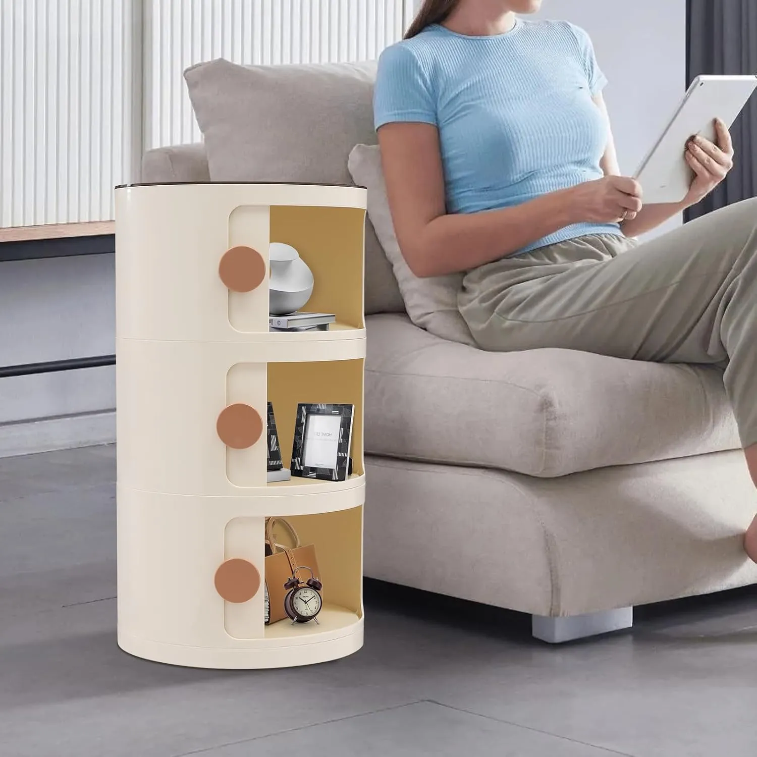3 Tier Rounded Cabinet, Round Nightstand Detachable End Table with Storage Lightweight Side Table, Round End Table with Storage for Living Room Bedroom Bathroom Kitchen (Beige)