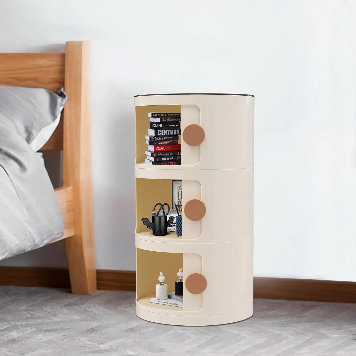 3 Tier Rounded Cabinet, Round Nightstand Detachable End Table with Storage Lightweight Side Table, Round End Table with Storage for Living Room Bedroom Bathroom Kitchen (Beige)