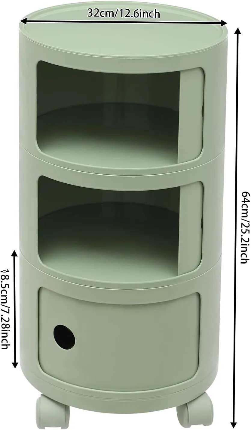 3 Tier Rounded Cabinet, Round Nightstand Detachable End Table with Storage Lightweight Side Table, Round End Table with Storage for Living Room Bedroom Bathroom Kitchen (Green with Pulleys)
