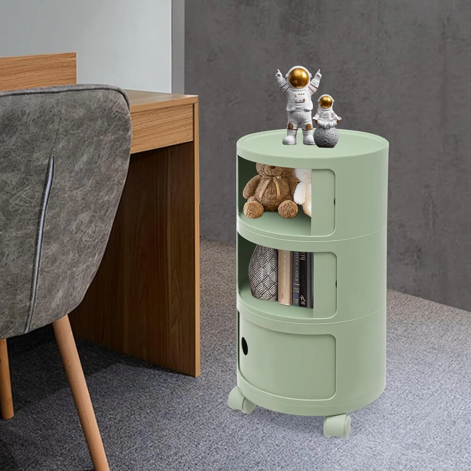 3 Tier Rounded Cabinet, Round Nightstand Detachable End Table with Storage Lightweight Side Table, Round End Table with Storage for Living Room Bedroom Bathroom Kitchen (Green with Pulleys)