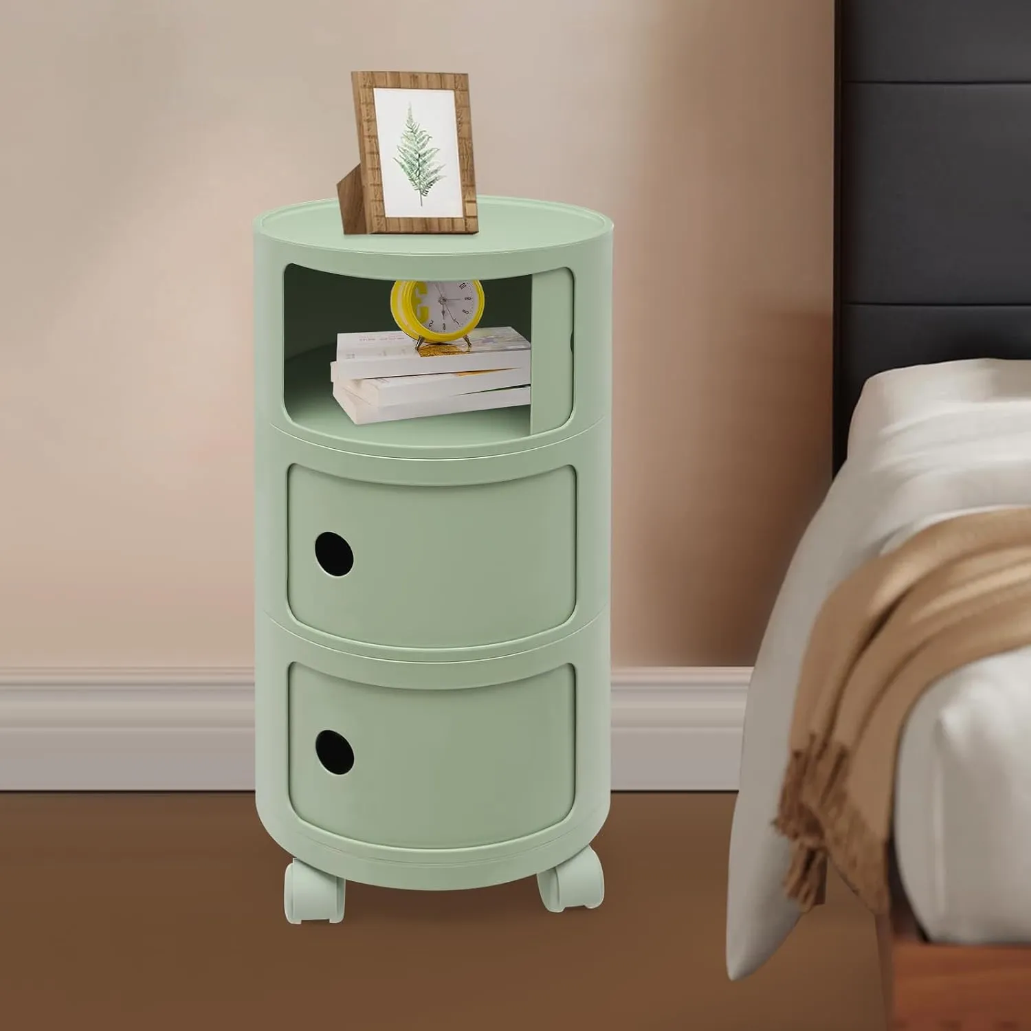 3 Tier Rounded Cabinet, Round Nightstand Detachable End Table with Storage Lightweight Side Table, Round End Table with Storage for Living Room Bedroom Bathroom Kitchen (Green with Pulleys)