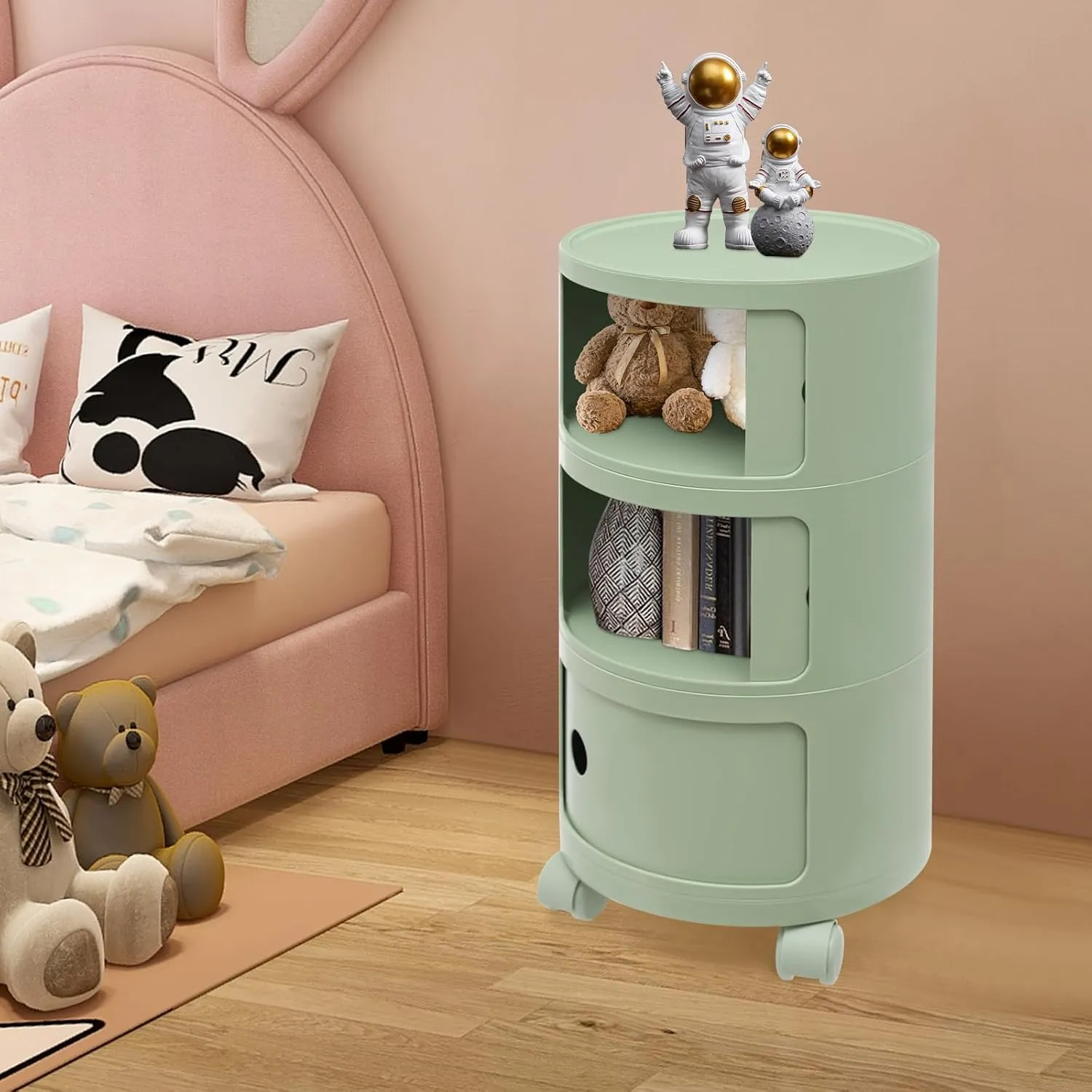 3 Tier Rounded Cabinet, Round Nightstand Detachable End Table with Storage Lightweight Side Table, Round End Table with Storage for Living Room Bedroom Bathroom Kitchen (Green with Pulleys)