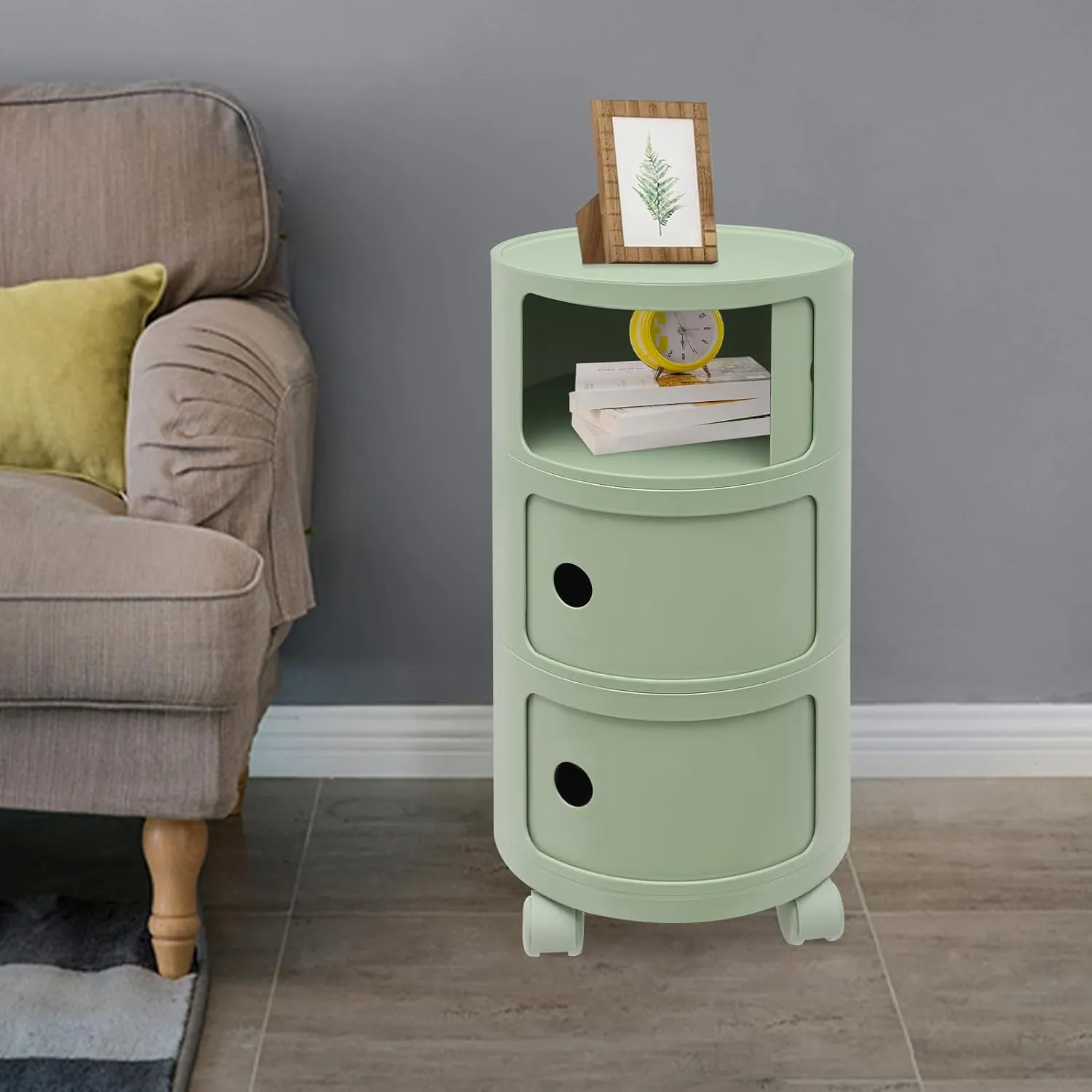 3 Tier Rounded Cabinet, Round Nightstand Detachable End Table with Storage Lightweight Side Table, Round End Table with Storage for Living Room Bedroom Bathroom Kitchen (Green with Pulleys)