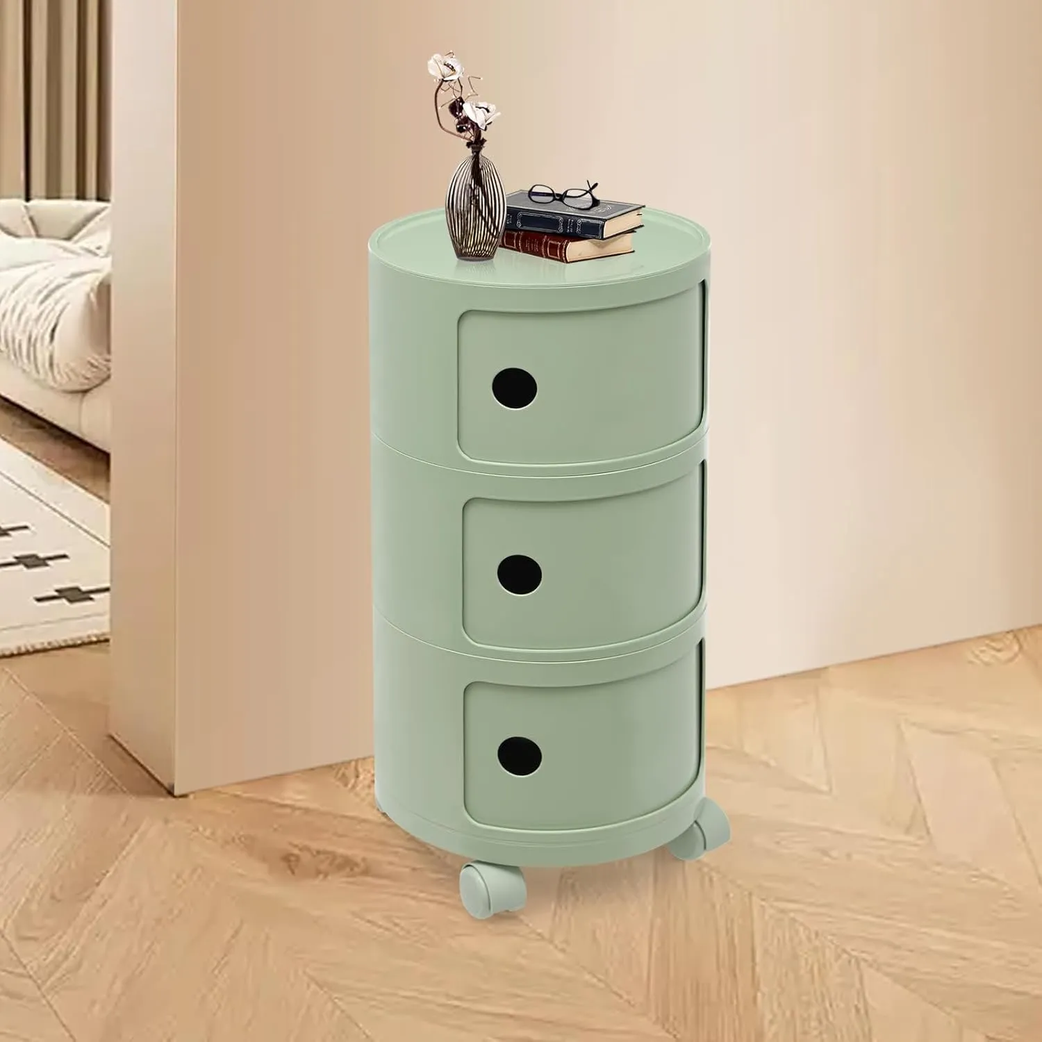 3 Tier Rounded Cabinet, Round Nightstand Detachable End Table with Storage Lightweight Side Table, Round End Table with Storage for Living Room Bedroom Bathroom Kitchen (Green with Pulleys)