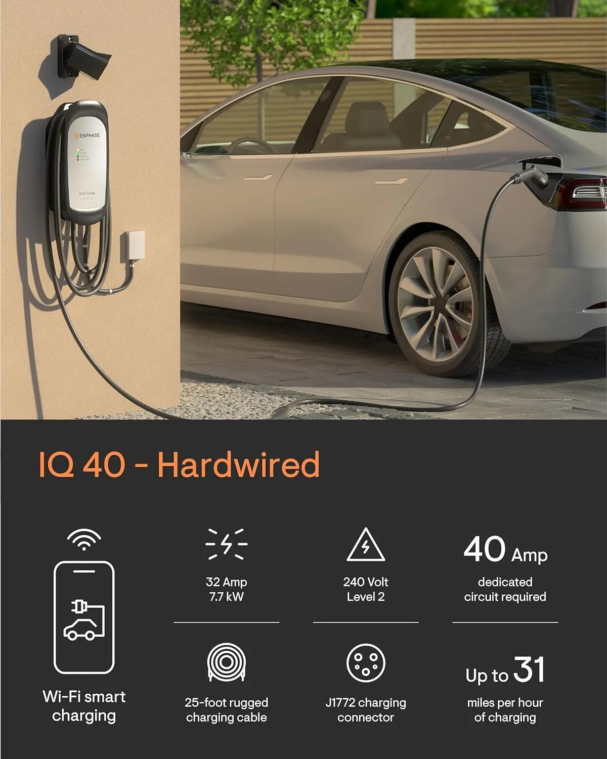 32 Amp Smart Level 2 EV Charger - Enphase IQ 40 (Formerly ClipperCreek), Hardwired, Electric Car Charger with J1772 Connector, 5-Year Warranty, 25ft Cable for Home Use