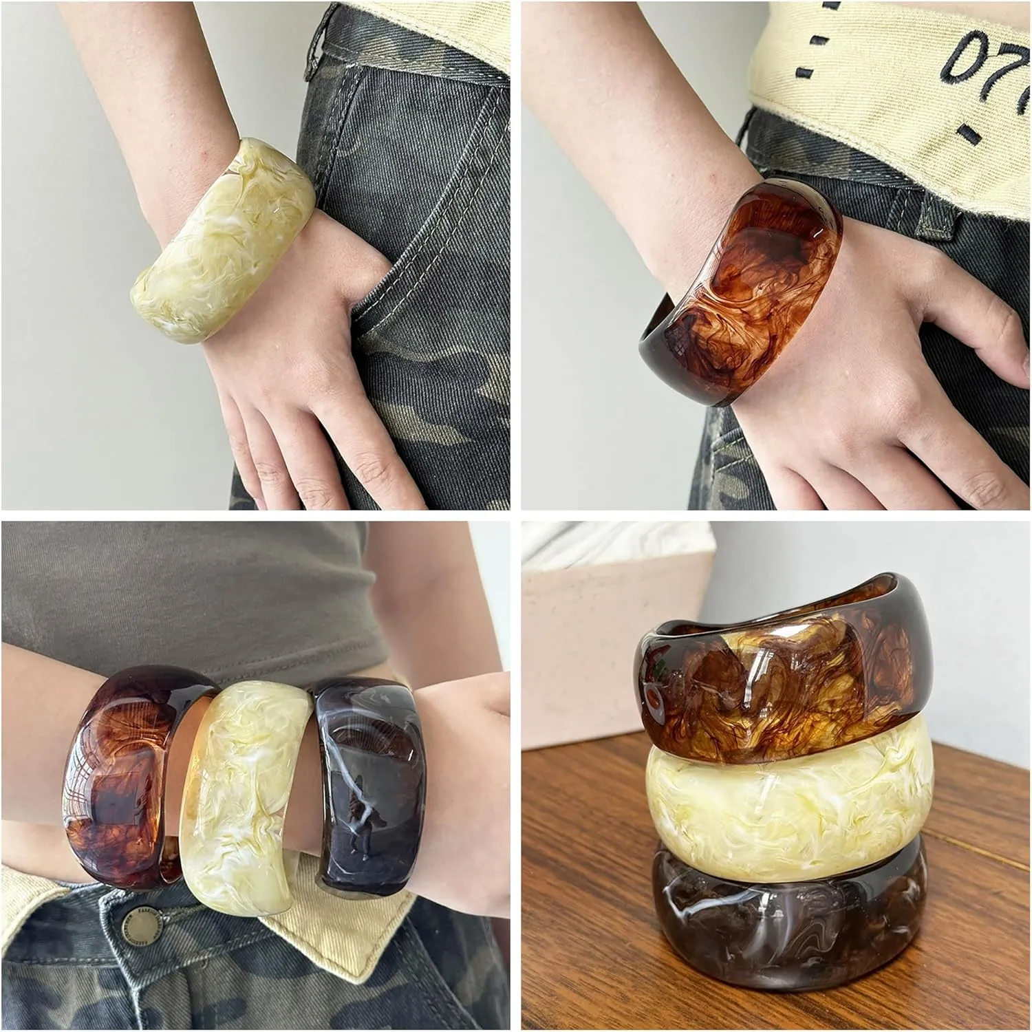 3Pcs Resin Chunky Bangle Bracelets for Women, Beach Colorful Irregular Acrylic Bracelet, Wide Stackable Bangles Vacation Bracelet
