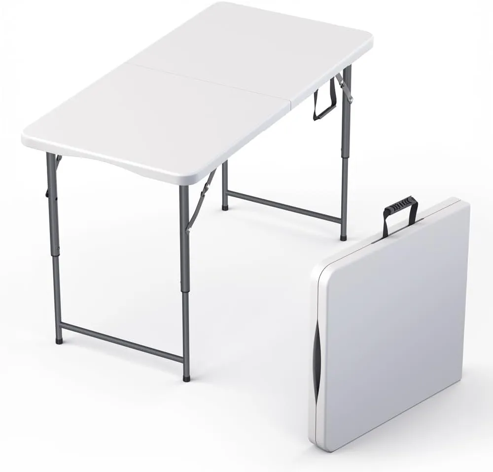 4 Feet Foldable Table Adjustable Height with Built in Handle, Steel Legs | Heavy Duty Portable | Perfect for Party, Dining, Wedding, Events, Picnic Indoor, Outdoor, Camping, Utility, Folding
