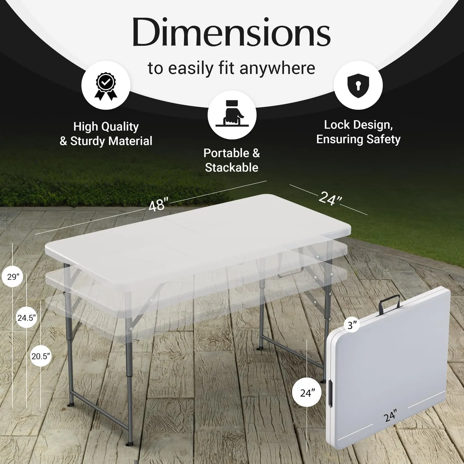 4 Feet Foldable Table Adjustable Height with Built in Handle, Steel Legs | Heavy Duty Portable | Perfect for Party, Dining, Wedding, Events, Picnic Indoor, Outdoor, Camping, Utility, Folding