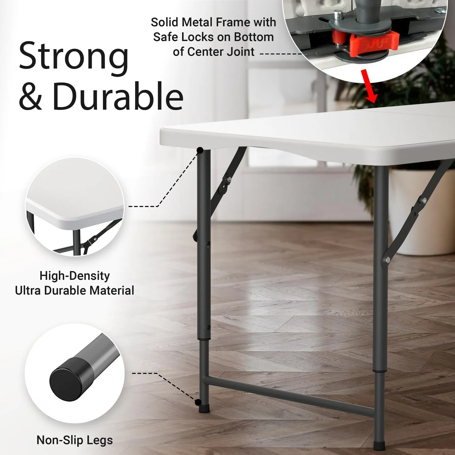 4 Feet Foldable Table Adjustable Height with Built in Handle, Steel Legs | Heavy Duty Portable | Perfect for Party, Dining, Wedding, Events, Picnic Indoor, Outdoor, Camping, Utility, Folding