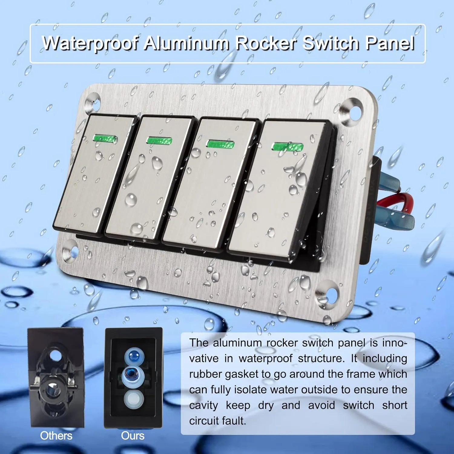 4 Gang Aluminum Rocker Switch Panel - 12V/24V Switch Panel 3 Pin ON/Off Pre-Wired Waterproof Toggle Switch Panel for Marine Boat Automotive Car RV