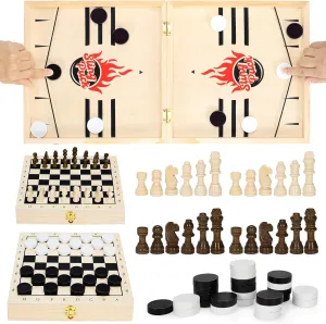 4 in 1 Fast Foldable Slingshot Puck Game with Chess Board and Checkers Board, Tic Tac Toe, Wooden Air Hockey for Family Night, Table Games for Adults and Kids