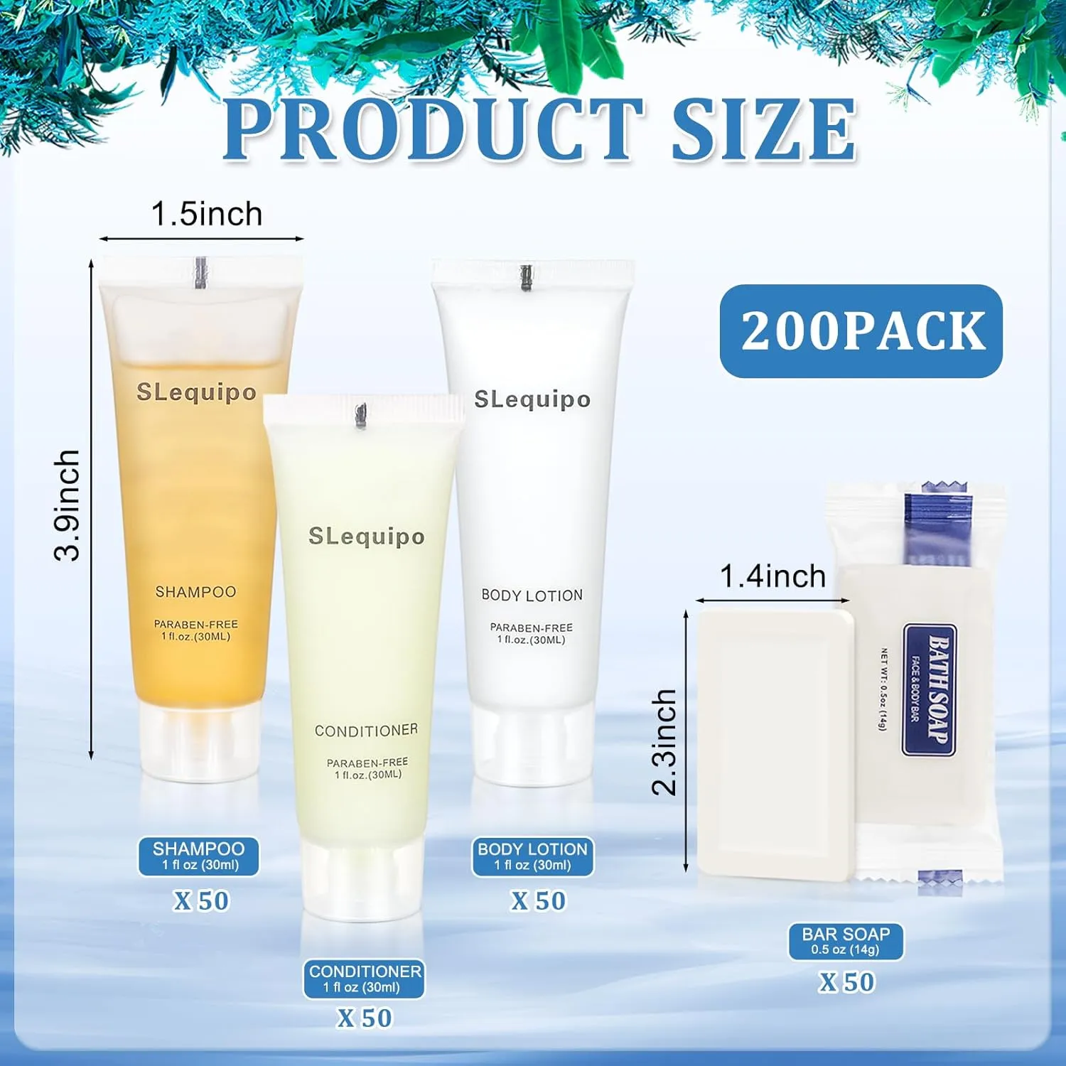 4-IN-1 Hotel Toiletries Bulk Set (200PCS) 4-Piece Set: 50 Hotel Bar Soap 0.5oz, 50 Hotel Shampoo, 50 Conditioner Travel Size, 50 Hotel Body Lotion - Bulk Mini Guest Amenities