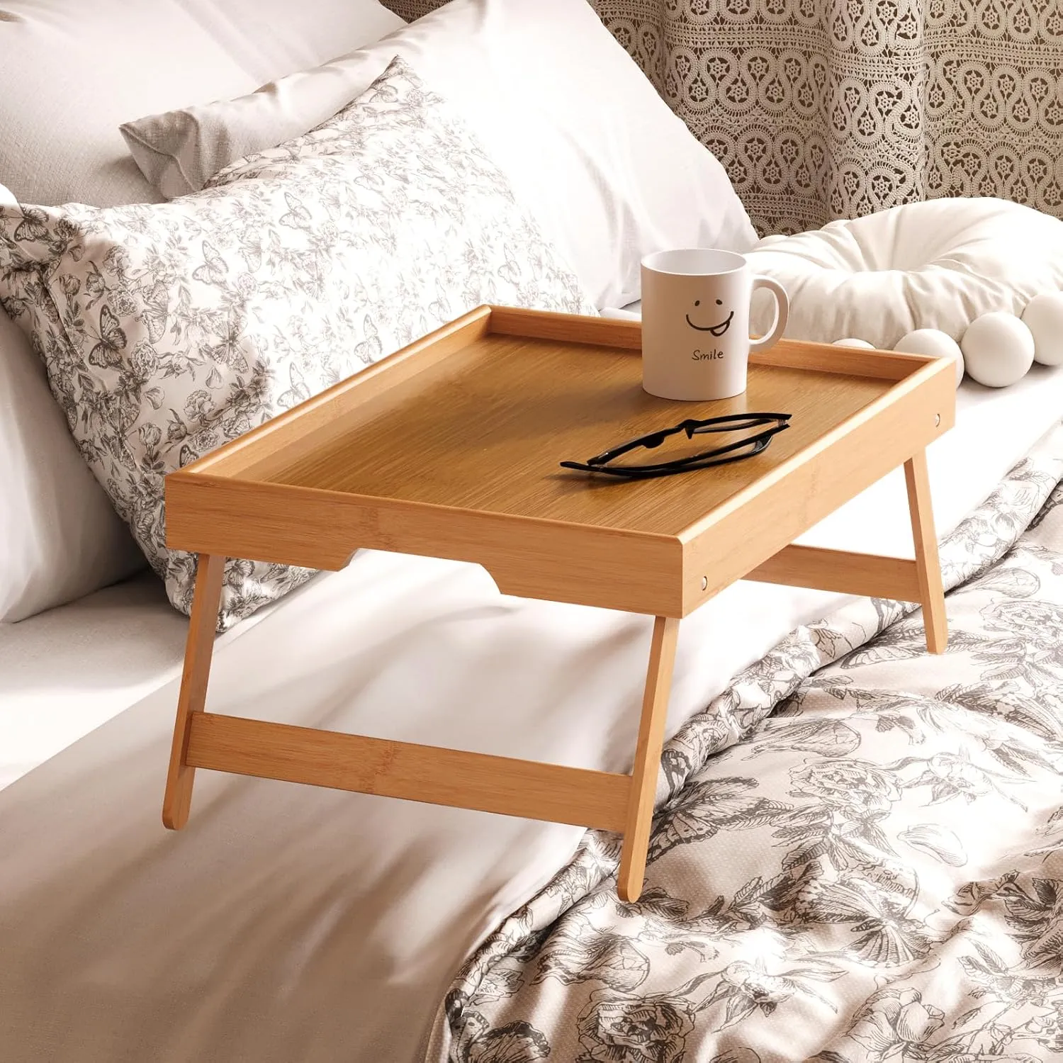 4 Pack Bamboo Bed Tray Table with Folding Legs,Breakfast Trays,Serving Tray for Food and Snack,Laptop Trays for Working(Natural)