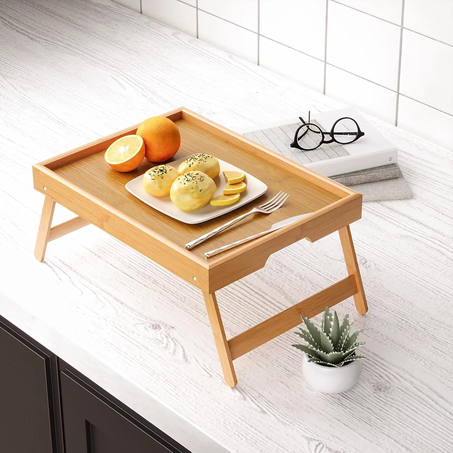 4 Pack Bamboo Bed Tray Table with Folding Legs,Breakfast Trays,Serving Tray for Food and Snack,Laptop Trays for Working(Natural)