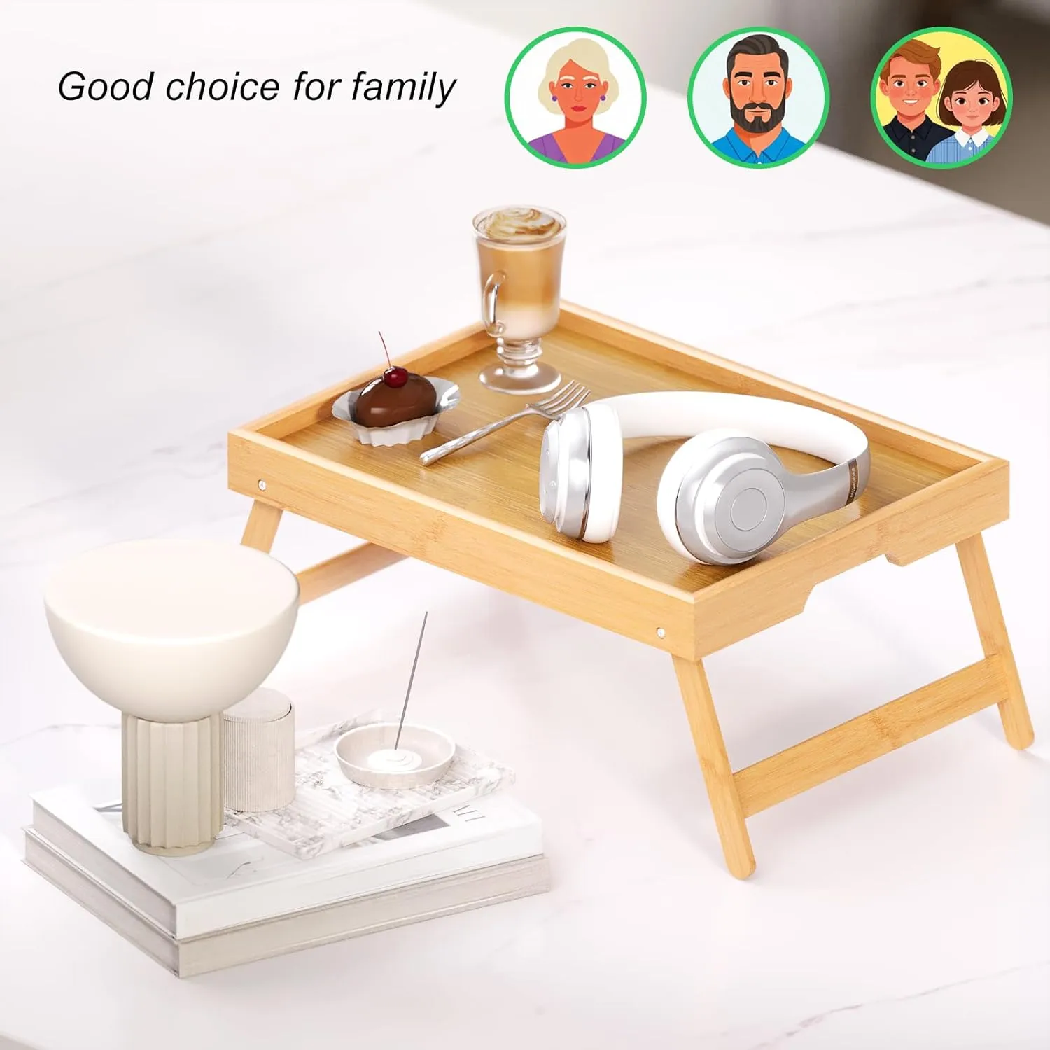4 Pack Bamboo Bed Tray Table with Folding Legs,Breakfast Trays,Serving Tray for Food and Snack,Laptop Trays for Working(Natural)