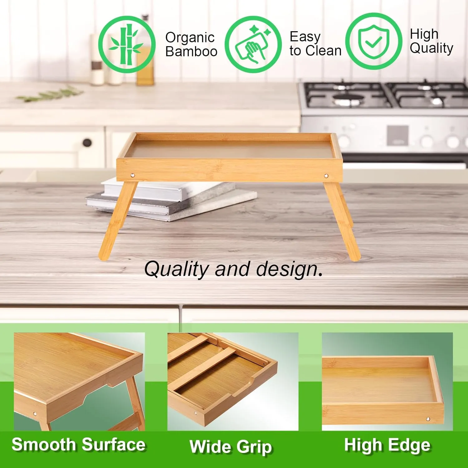 4 Pack Bamboo Bed Tray Table with Folding Legs,Breakfast Trays,Serving Tray for Food and Snack,Laptop Trays for Working(Natural)