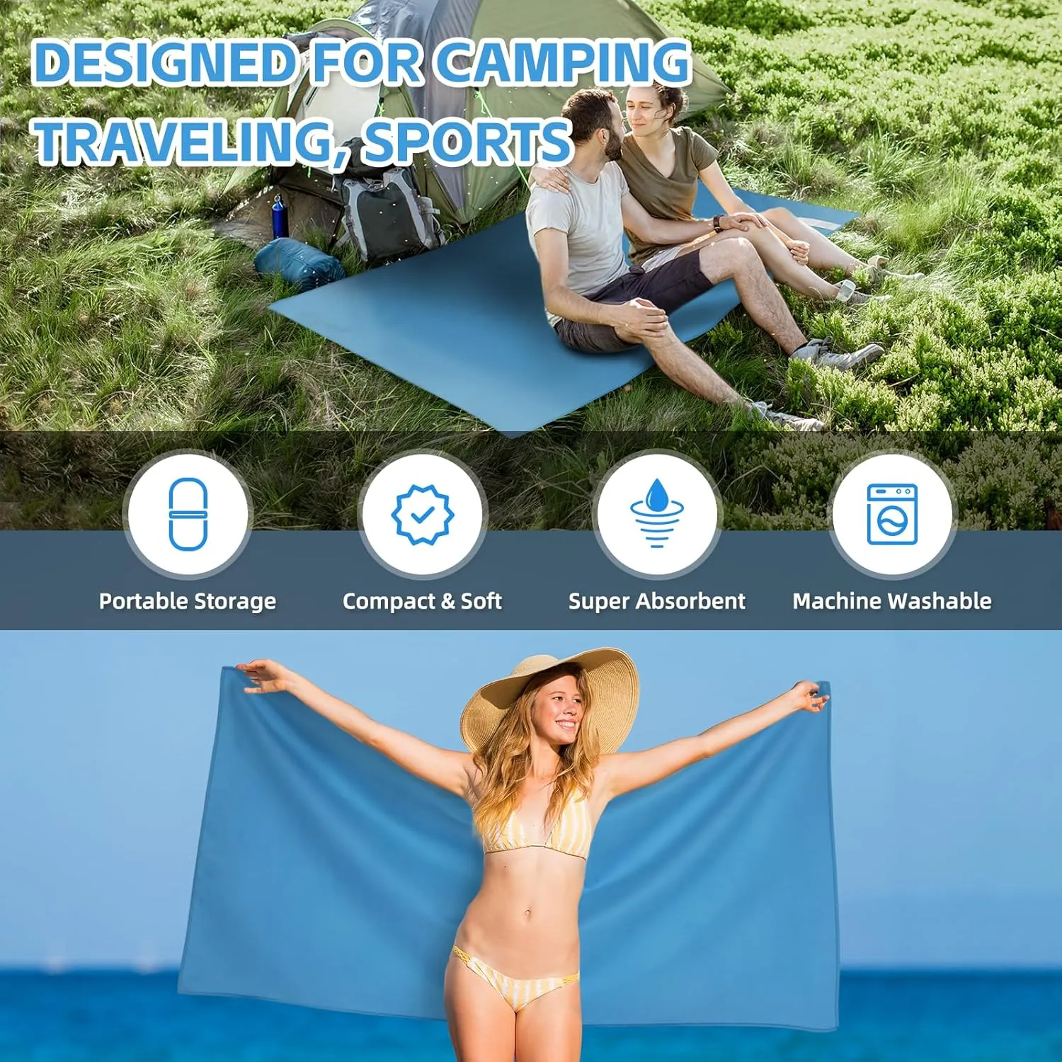 4 Pack Microfiber for Body S L XL Quick Dry Compact Absorbent Camping Towel for Travel Beach Swimming Pool Hiking Pack Yoga Gym Outdoor Sports(Blue)