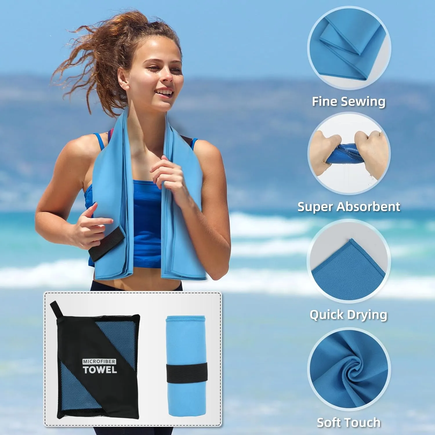 4 Pack Microfiber for Body S L XL Quick Dry Compact Absorbent Camping Towel for Travel Beach Swimming Pool Hiking Pack Yoga Gym Outdoor Sports(Blue)