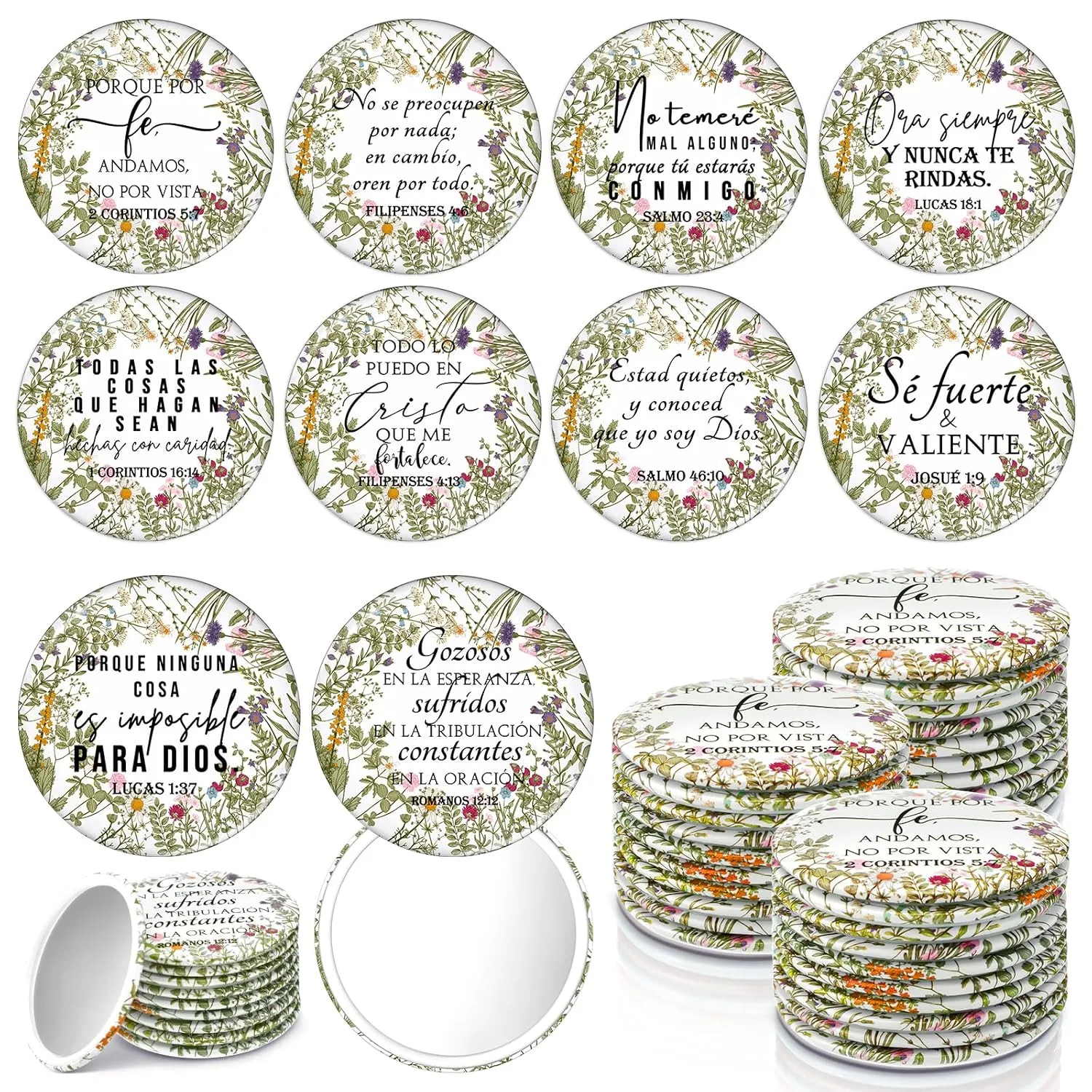 40 Pcs Mini Bible Verse Compact Mirrors Bulk Religious Christian Gifts Wildflower Theme Pocket Mirrors Portable Small Church Gifts for Women Spring Church Group Sunday School