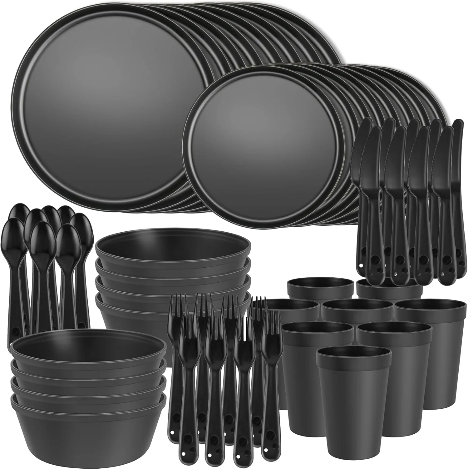 40-Piece Kitchen Plastic Dinnerware Set，Modern Dish Set for Apartment Essentials, Travel, Camping& RV, Picnic & Home Party, Reusable Plates Kids Plates and Bowls with Cutlery Set, Black