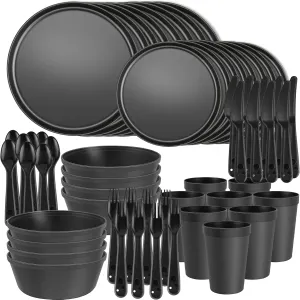 40-Piece Kitchen Plastic Dinnerware Set，Modern Dish Set for Apartment Essentials, Travel, Camping& RV, Picnic & Home Party, Reusable Plates Kids Plates and Bowls with Cutlery Set, Black