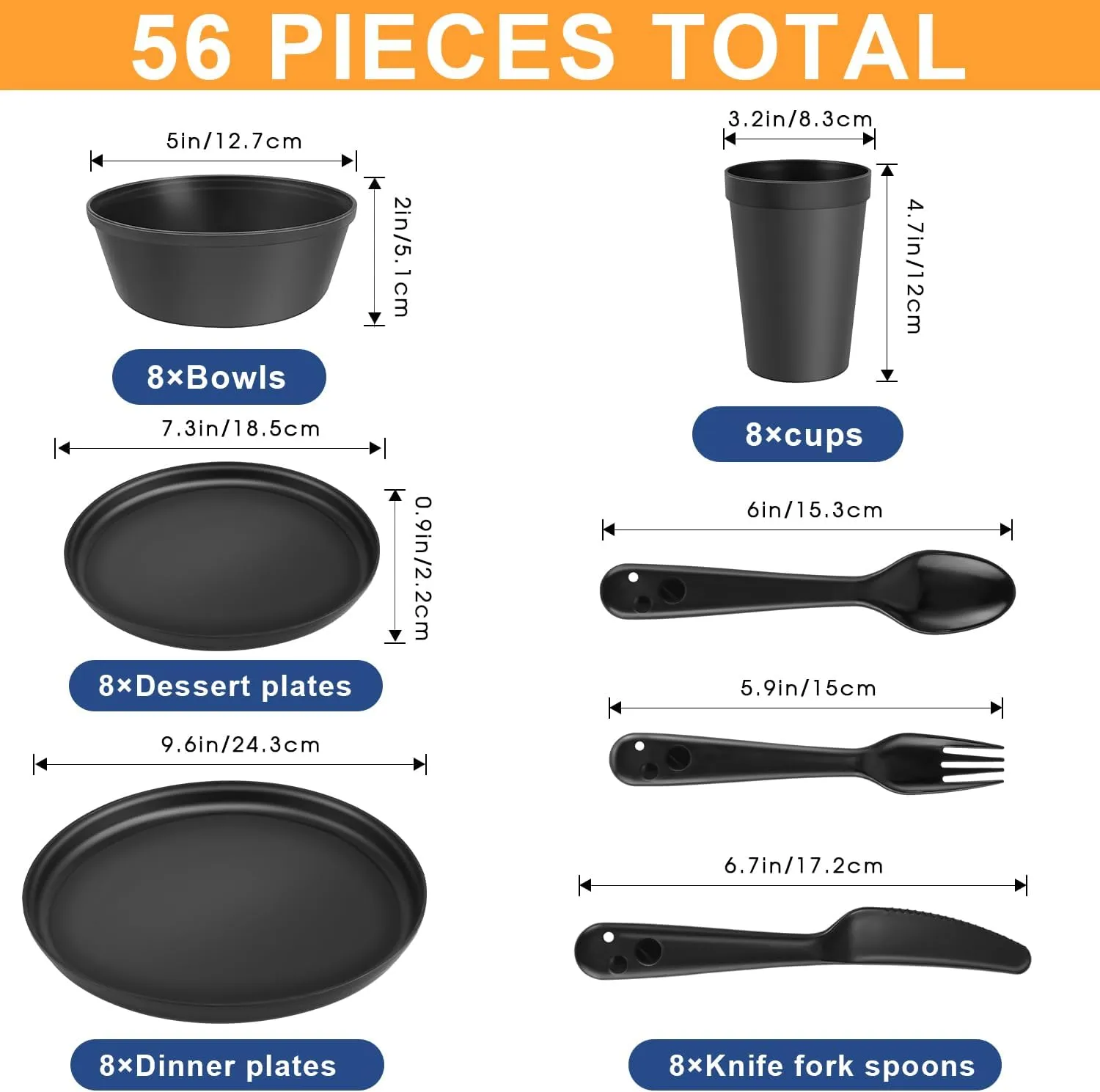 40-Piece Kitchen Plastic Dinnerware Set，Modern Dish Set for Apartment Essentials, Travel, Camping& RV, Picnic & Home Party, Reusable Plates Kids Plates and Bowls with Cutlery Set, Black
