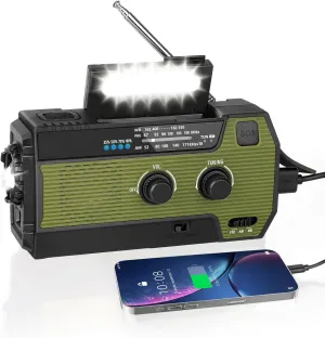 4000mAh/14800mWh Emergency Radio, Solar Hand Crank Emergency Radio - NOAA Weather Radio with AM/FM/NOAA Weather Alert, Reading Lamp, Flashlight, Cell Phone Charger and SOS Siren (Army Green)