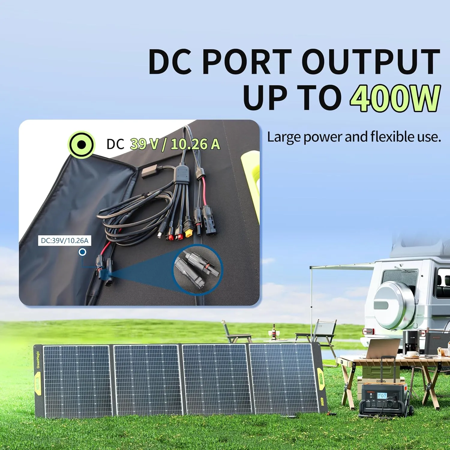 400W Portable Solar Panel, Greenmagic 400W 39V Foldable Portable Solar Panel Charger, with MC-4 Output Connector for Camping RVing Home Backup IP67 Waterproof with an Adjustable Kickstand