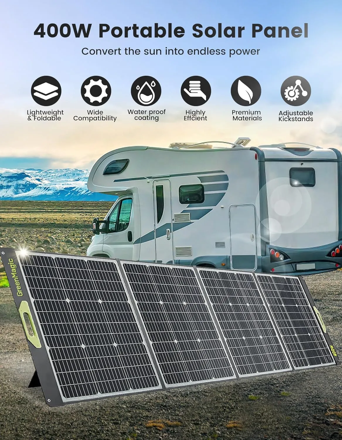 400W Portable Solar Panel, Greenmagic 400W 39V Foldable Portable Solar Panel Charger, with MC-4 Output Connector for Camping RVing Home Backup IP67 Waterproof with an Adjustable Kickstand
